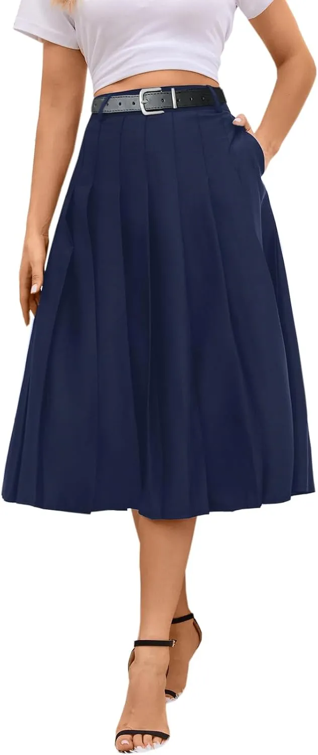SANGTREE Women's Girls A-Line Long Pleated High Waist Fashion Skirt, School Uniform Cosplay
