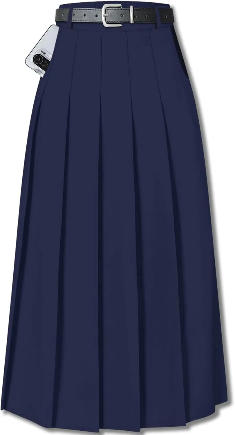 SANGTREE Women's Girls A-Line Long Pleated High Waist Fashion Skirt, School Uniform Cosplay