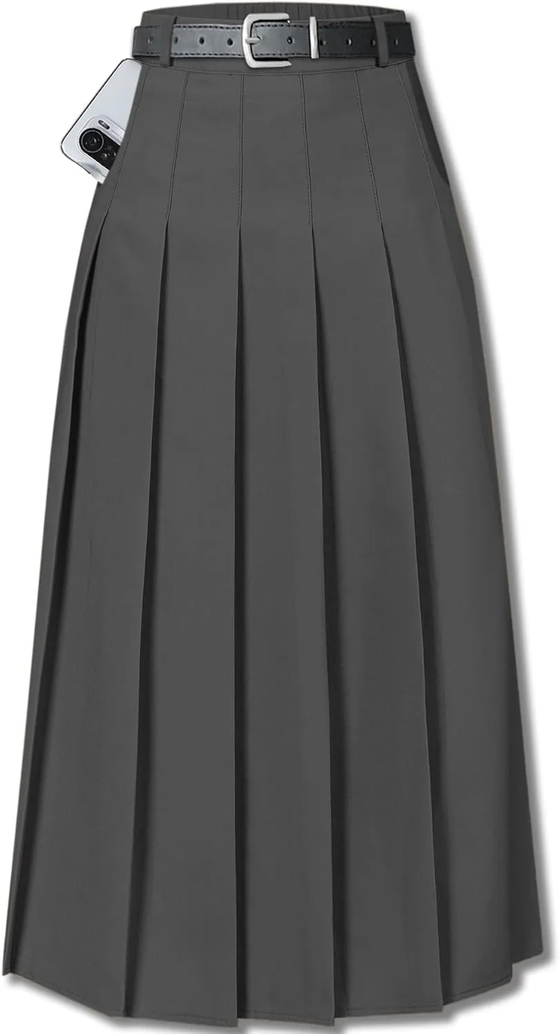 SANGTREE Women's Girls A-Line Long Pleated High Waist Fashion Skirt, School Uniform Cosplay