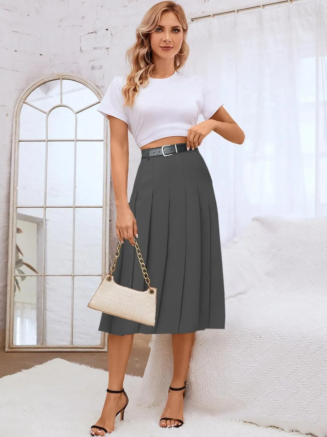 SANGTREE Women's Girls A-Line Long Pleated High Waist Fashion Skirt, School Uniform Cosplay