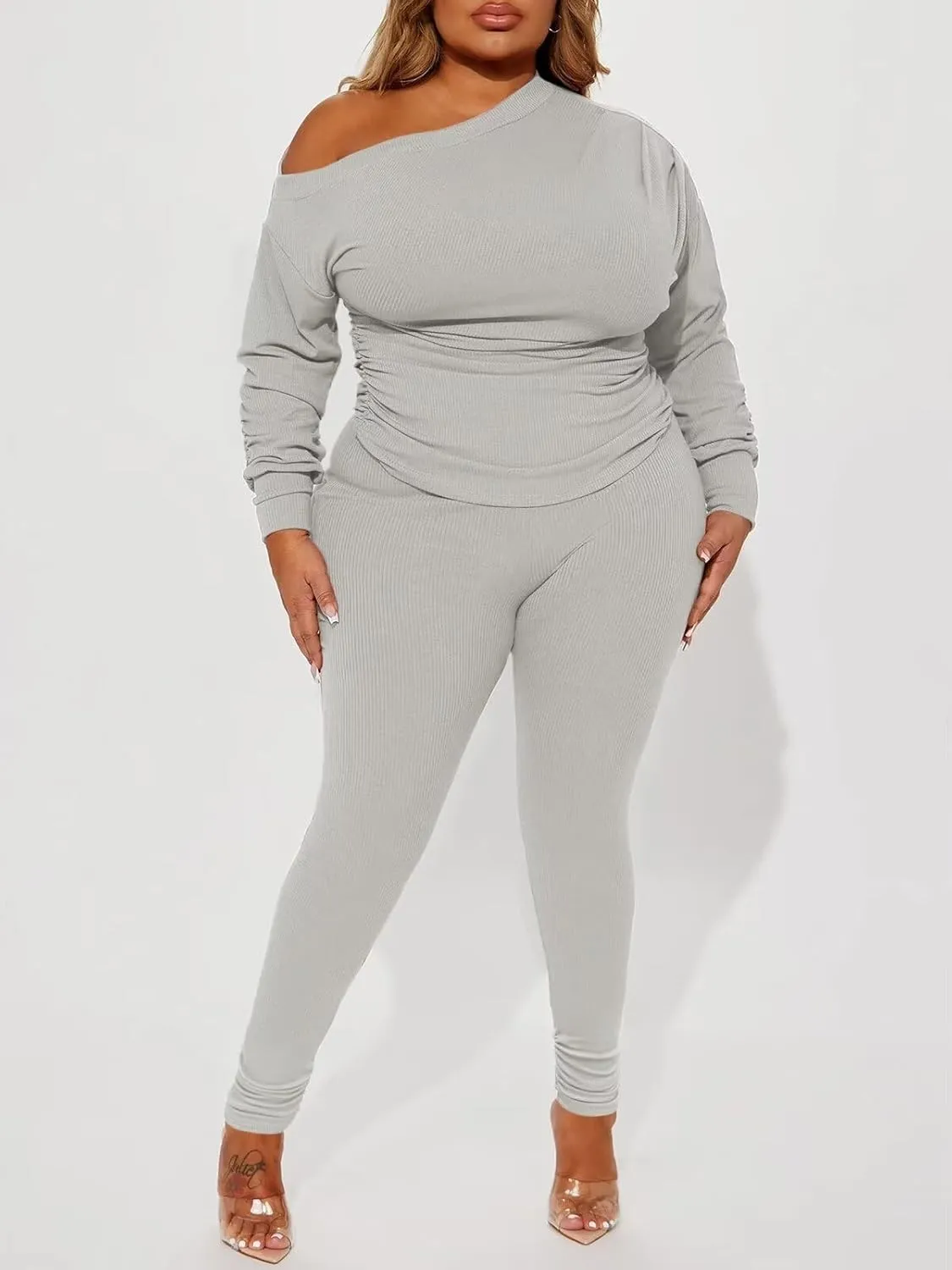 Sexy 2 Piece Outfits for Women One Off Shoulder Tops Ribbed Pant Set Tracksuit Clubwear