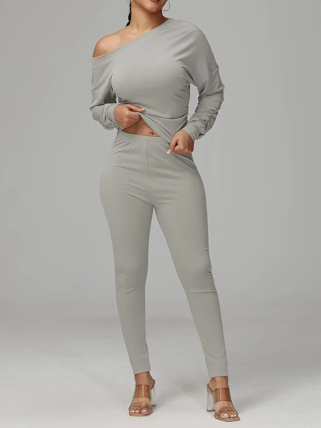 Sexy 2 Piece Outfits for Women One Off Shoulder Tops Ribbed Pant Set Tracksuit Clubwear