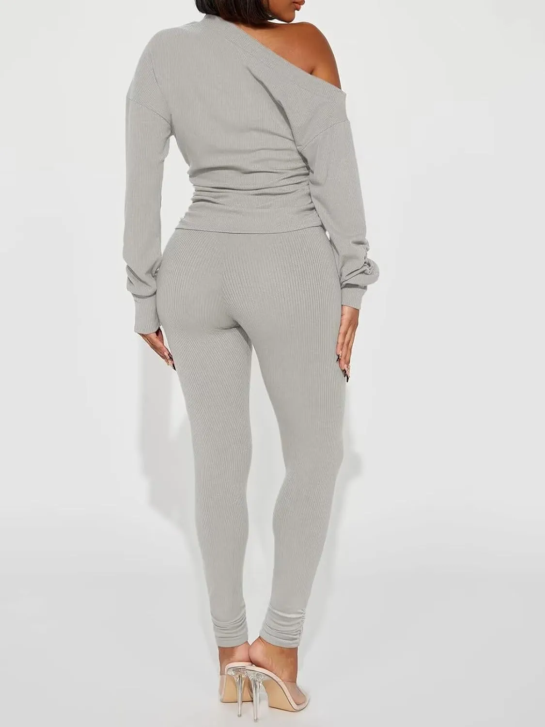 Sexy 2 Piece Outfits for Women One Off Shoulder Tops Ribbed Pant Set Tracksuit Clubwear
