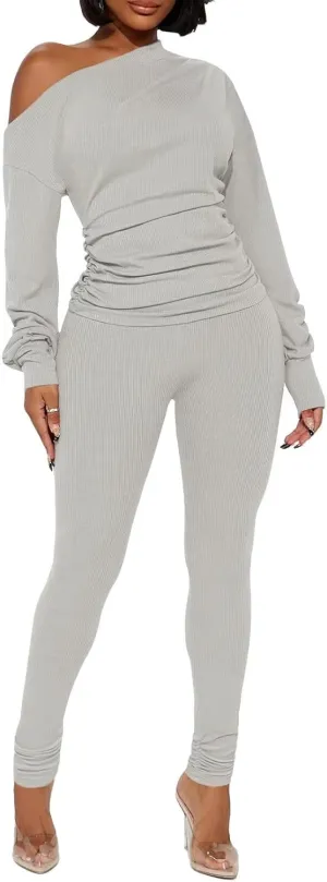 Sexy 2 Piece Outfits for Women One Off Shoulder Tops Ribbed Pant Set Tracksuit Clubwear