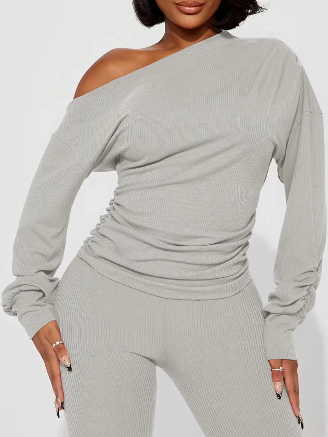 Sexy 2 Piece Outfits for Women One Off Shoulder Tops Ribbed Pant Set Tracksuit Clubwear