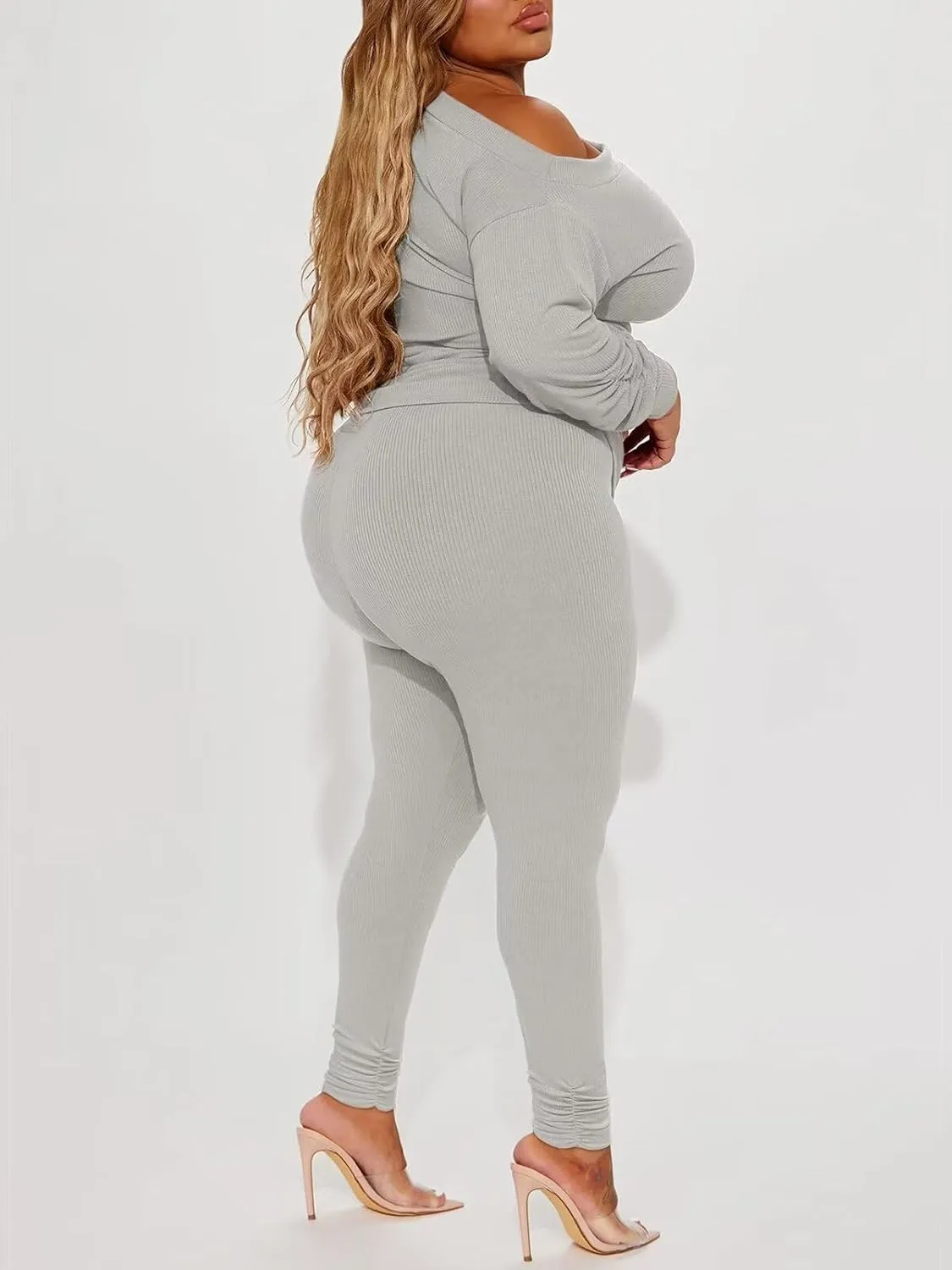 Sexy 2 Piece Outfits for Women One Off Shoulder Tops Ribbed Pant Set Tracksuit Clubwear