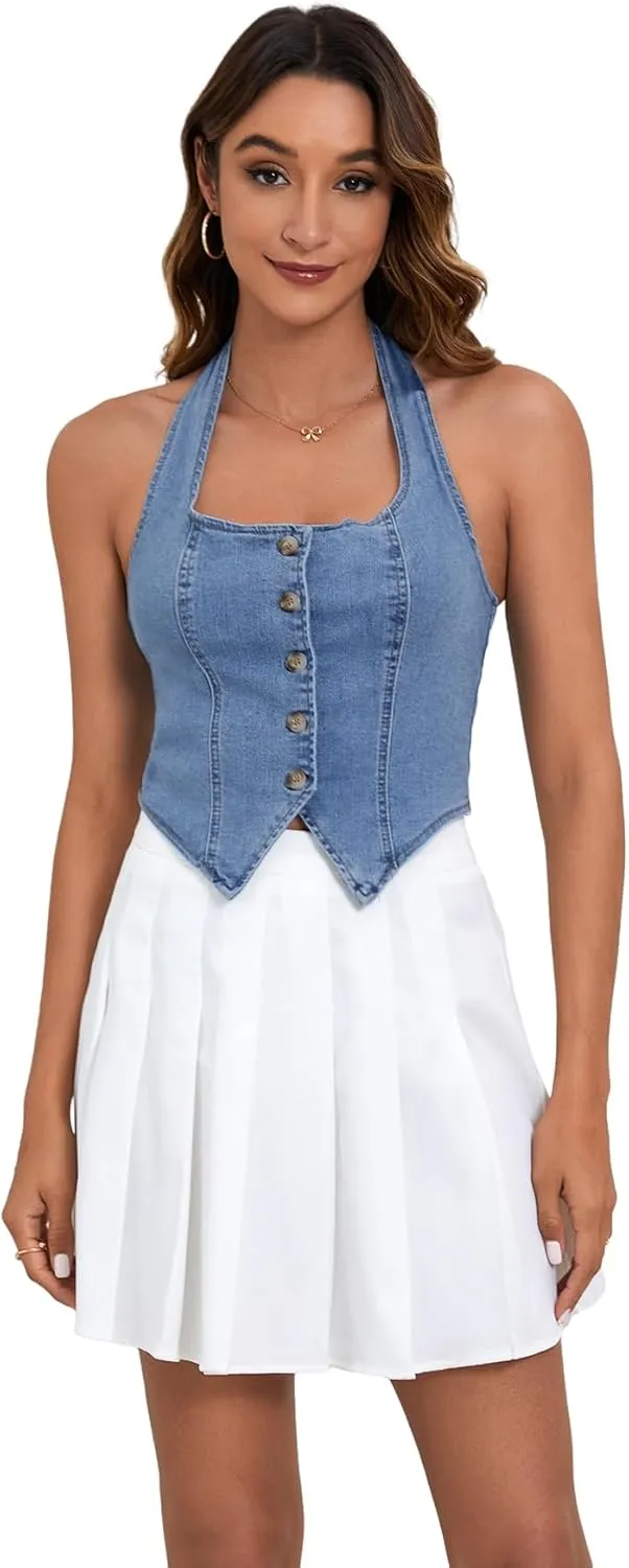 SHENHE Women's Denim Tops Y2K Halter Button Up Strapless Jean Vest Western Going Out Crop Top