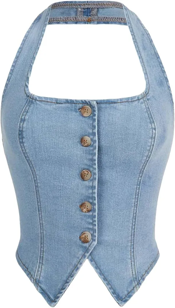 SHENHE Women's Denim Tops Y2K Halter Button Up Strapless Jean Vest Western Going Out Crop Top