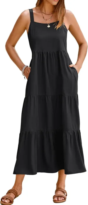 SimpleFun Womens Summer Dresses Sleeveless Adjustable Straps Tiered Maxi Dress with Pockets Casual Beach Long Sundresses