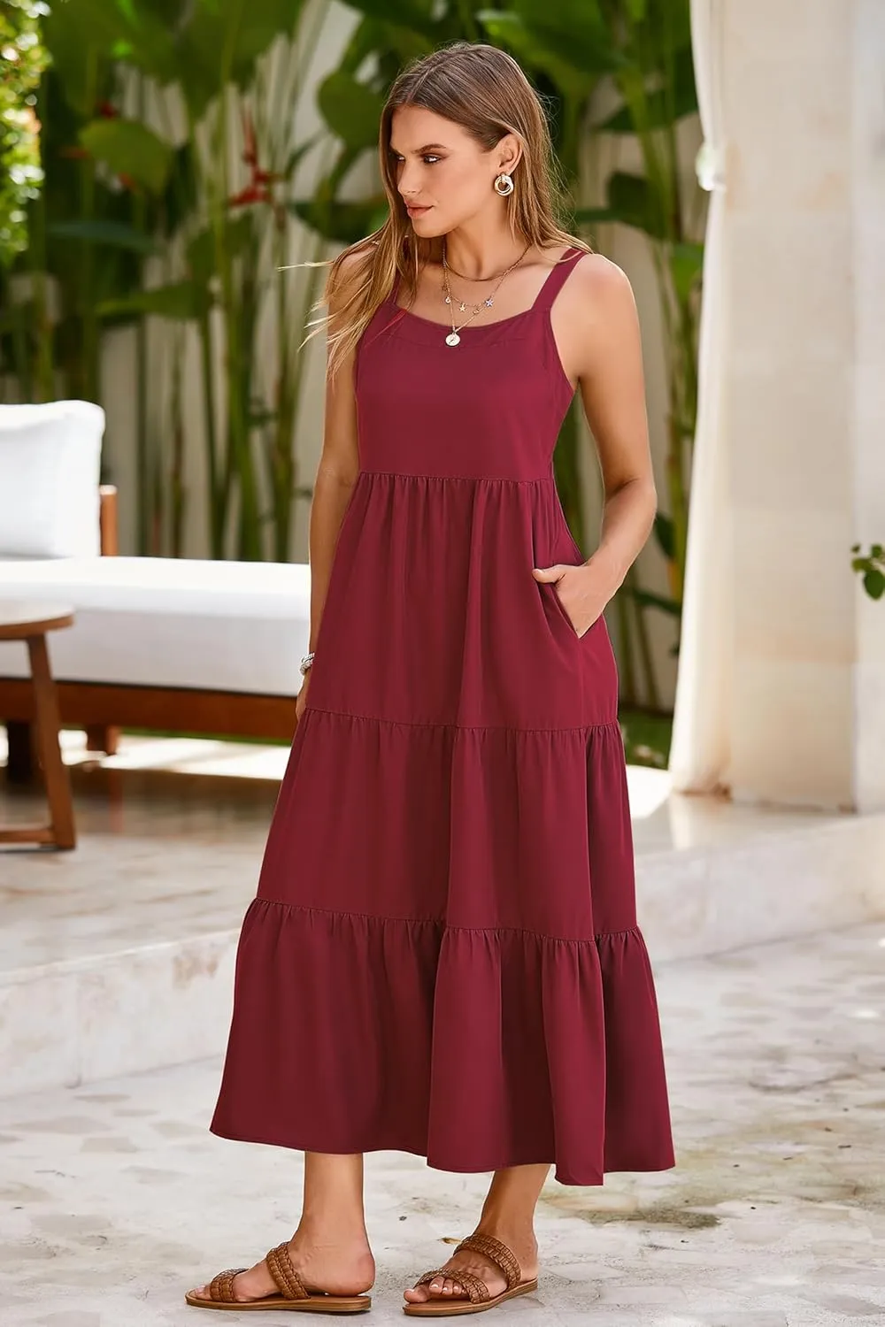 SimpleFun Womens Summer Dresses Sleeveless Adjustable Straps Tiered Maxi Dress with Pockets Casual Beach Long Sundresses