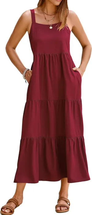 SimpleFun Womens Summer Dresses Sleeveless Adjustable Straps Tiered Maxi Dress with Pockets Casual Beach Long Sundresses