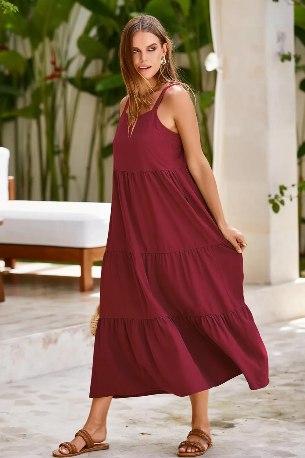 SimpleFun Womens Summer Dresses Sleeveless Adjustable Straps Tiered Maxi Dress with Pockets Casual Beach Long Sundresses
