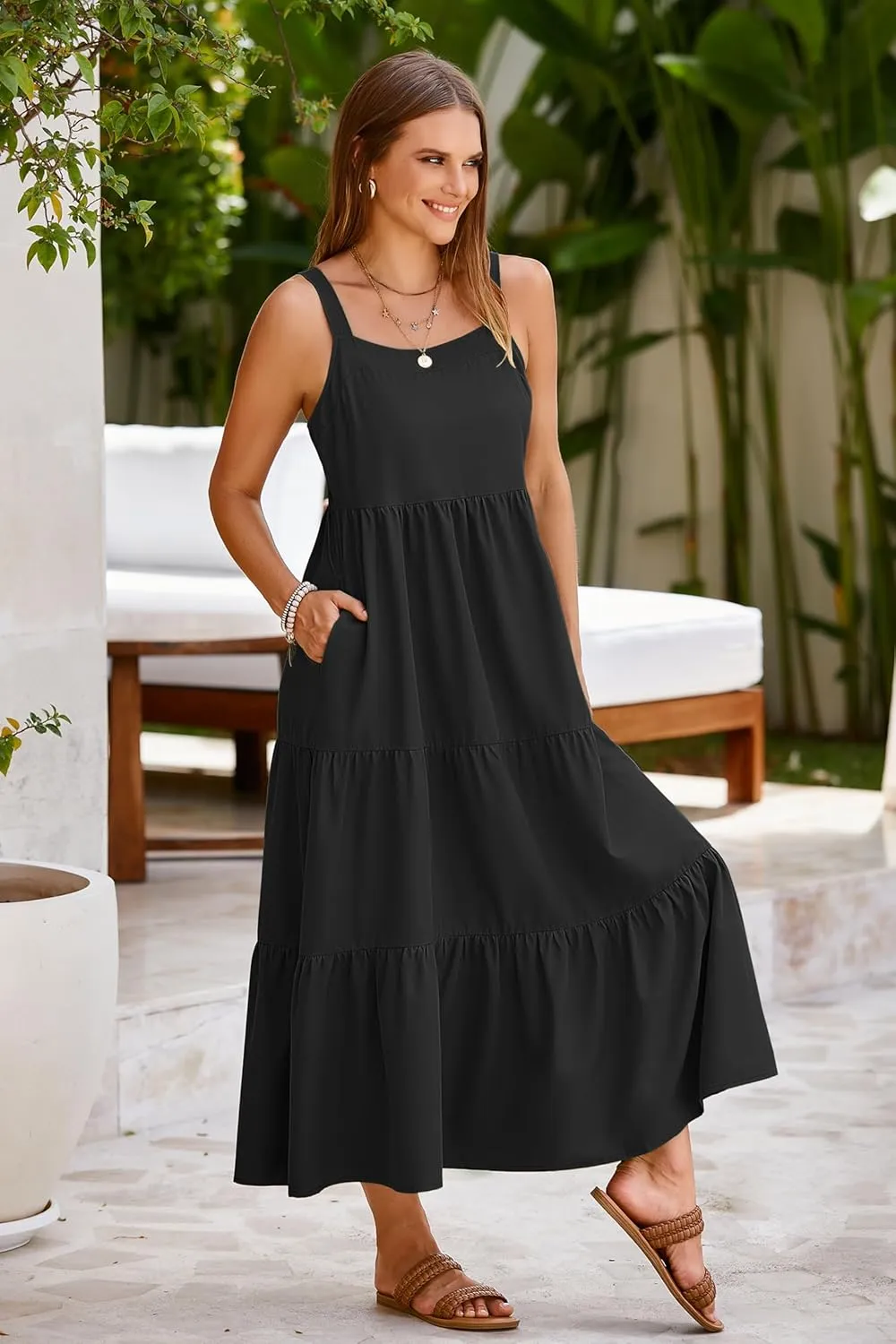 SimpleFun Womens Summer Dresses Sleeveless Adjustable Straps Tiered Maxi Dress with Pockets Casual Beach Long Sundresses