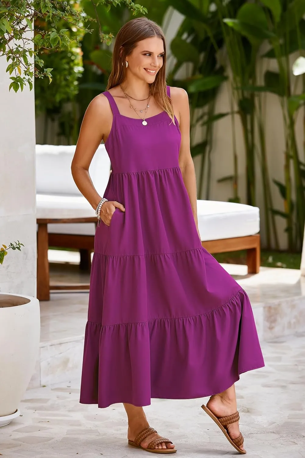 SimpleFun Womens Summer Dresses Sleeveless Adjustable Straps Tiered Maxi Dress with Pockets Casual Beach Long Sundresses