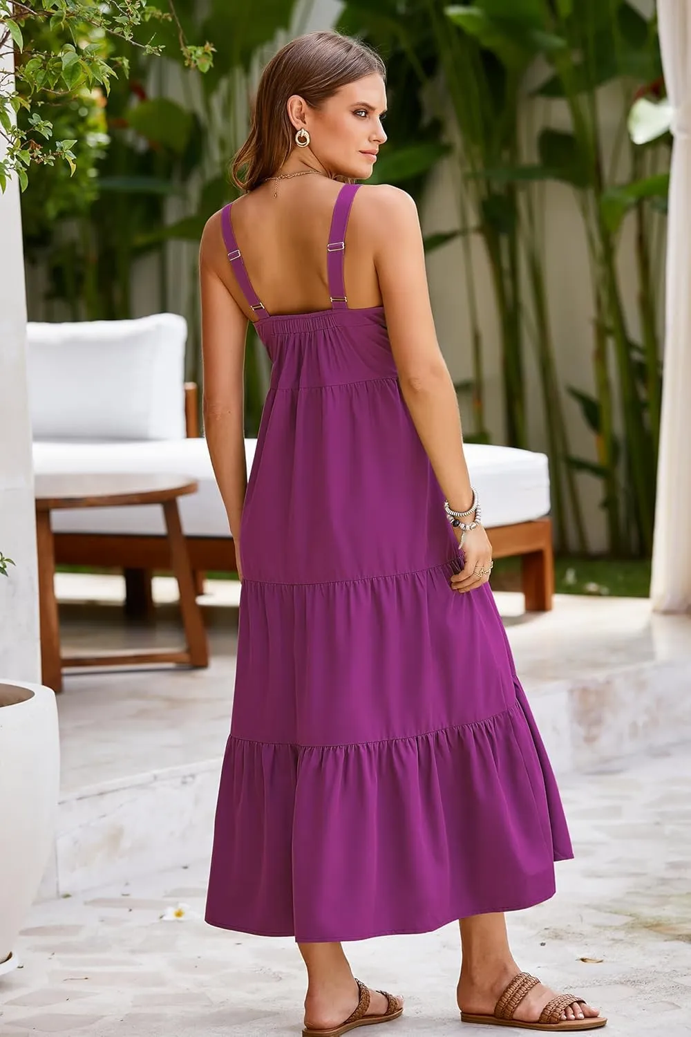 SimpleFun Womens Summer Dresses Sleeveless Adjustable Straps Tiered Maxi Dress with Pockets Casual Beach Long Sundresses