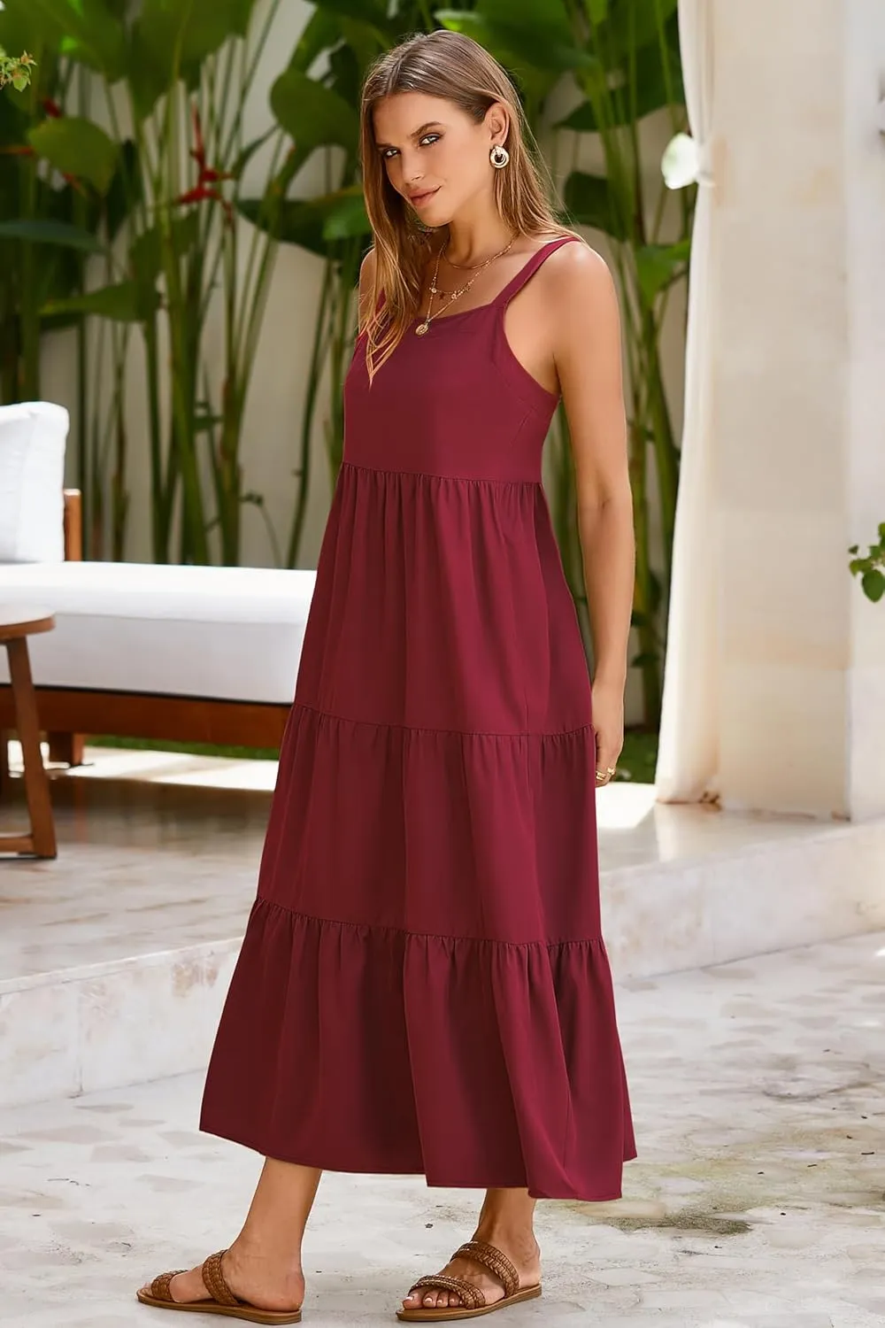 SimpleFun Womens Summer Dresses Sleeveless Adjustable Straps Tiered Maxi Dress with Pockets Casual Beach Long Sundresses