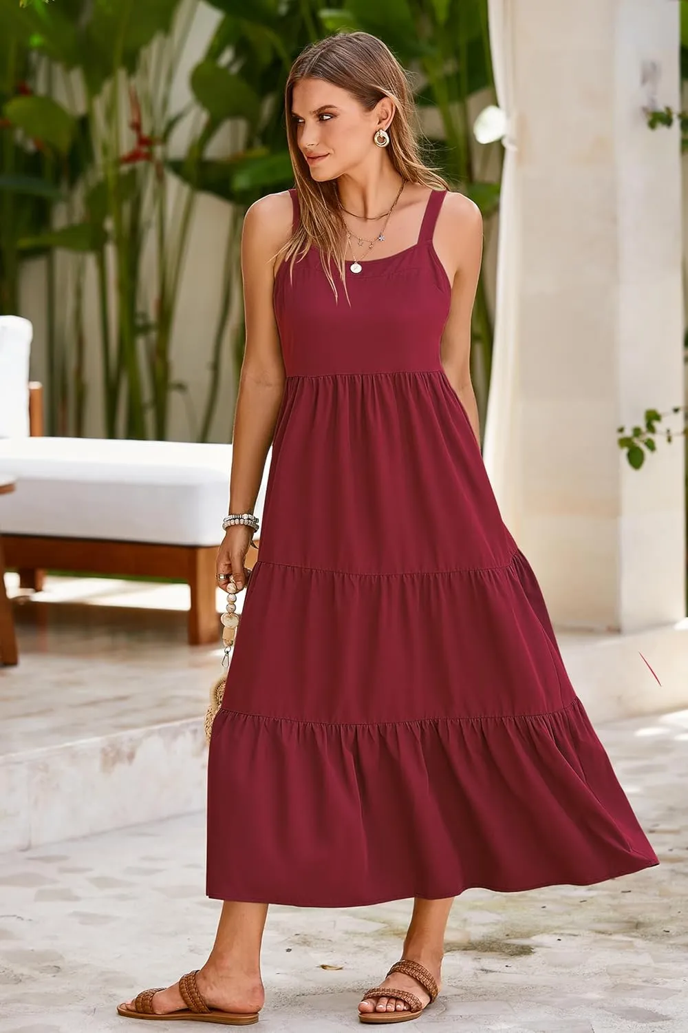 SimpleFun Womens Summer Dresses Sleeveless Adjustable Straps Tiered Maxi Dress with Pockets Casual Beach Long Sundresses