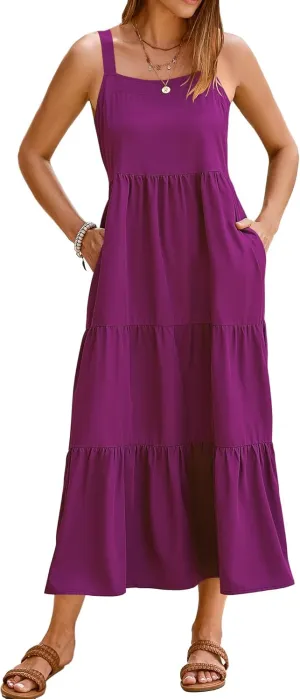 SimpleFun Womens Summer Dresses Sleeveless Adjustable Straps Tiered Maxi Dress with Pockets Casual Beach Long Sundresses