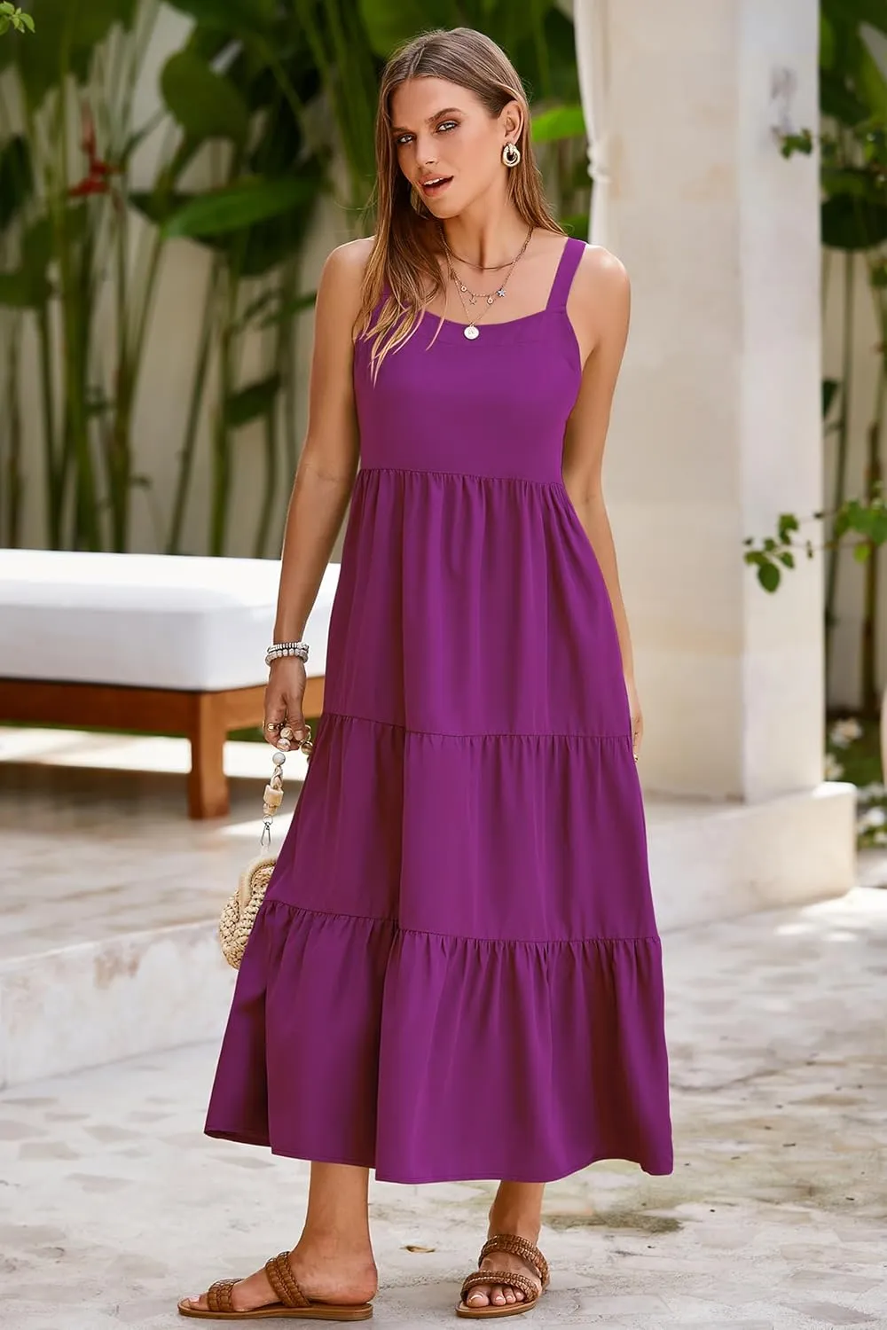 SimpleFun Womens Summer Dresses Sleeveless Adjustable Straps Tiered Maxi Dress with Pockets Casual Beach Long Sundresses