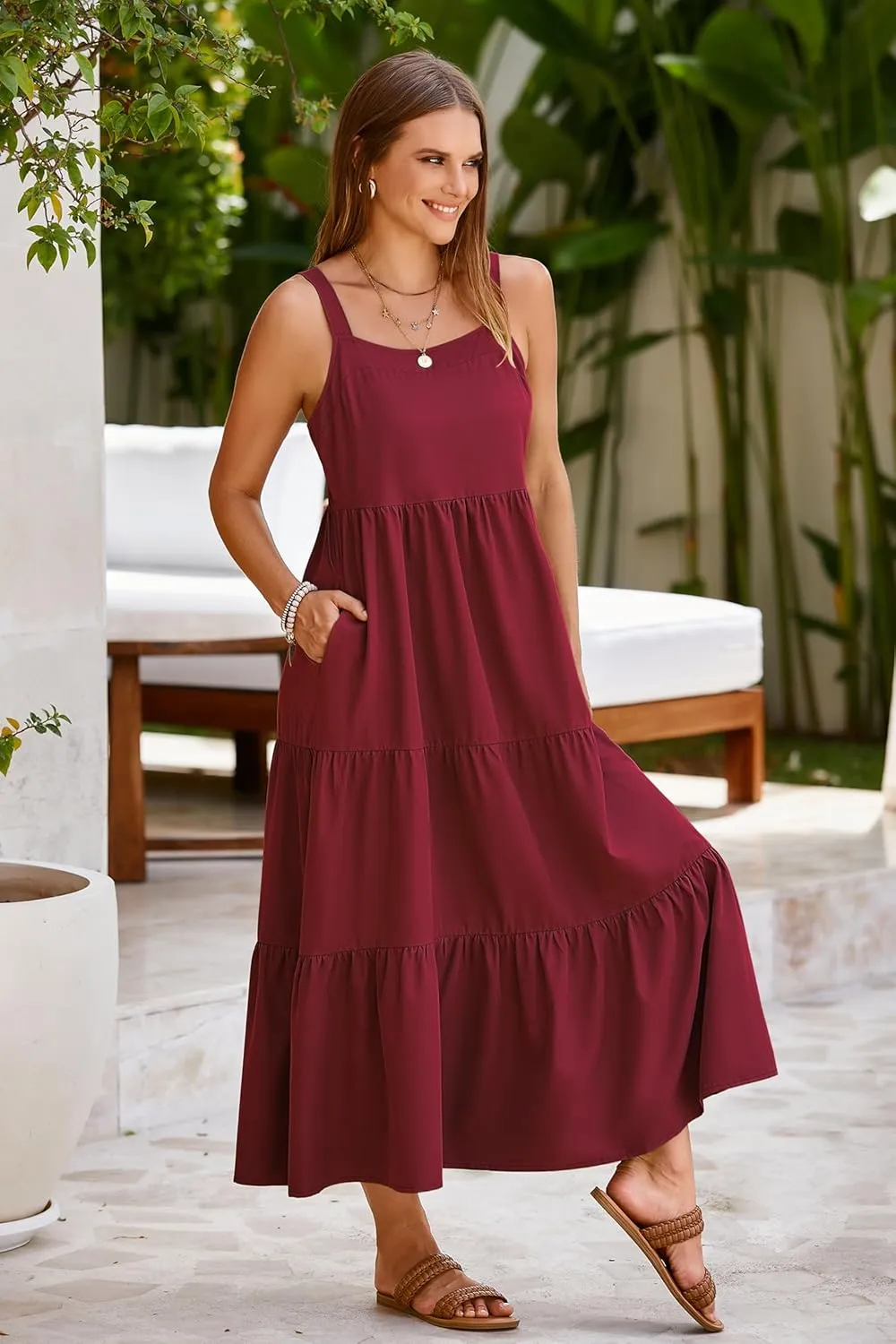 SimpleFun Womens Summer Dresses Sleeveless Adjustable Straps Tiered Maxi Dress with Pockets Casual Beach Long Sundresses
