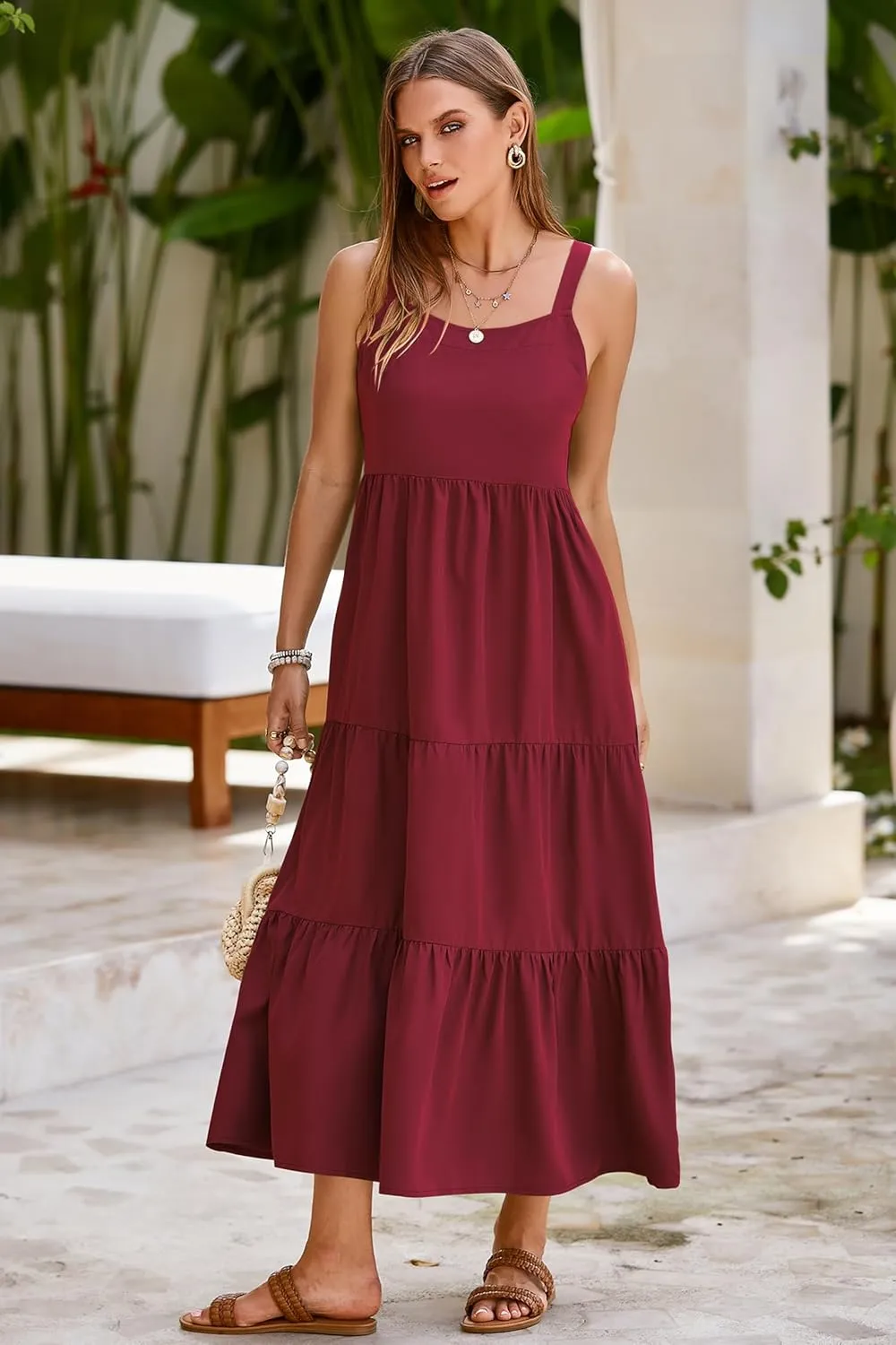 SimpleFun Womens Summer Dresses Sleeveless Adjustable Straps Tiered Maxi Dress with Pockets Casual Beach Long Sundresses
