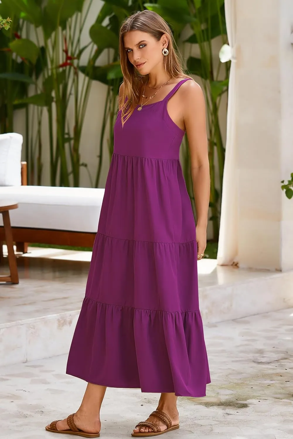SimpleFun Womens Summer Dresses Sleeveless Adjustable Straps Tiered Maxi Dress with Pockets Casual Beach Long Sundresses