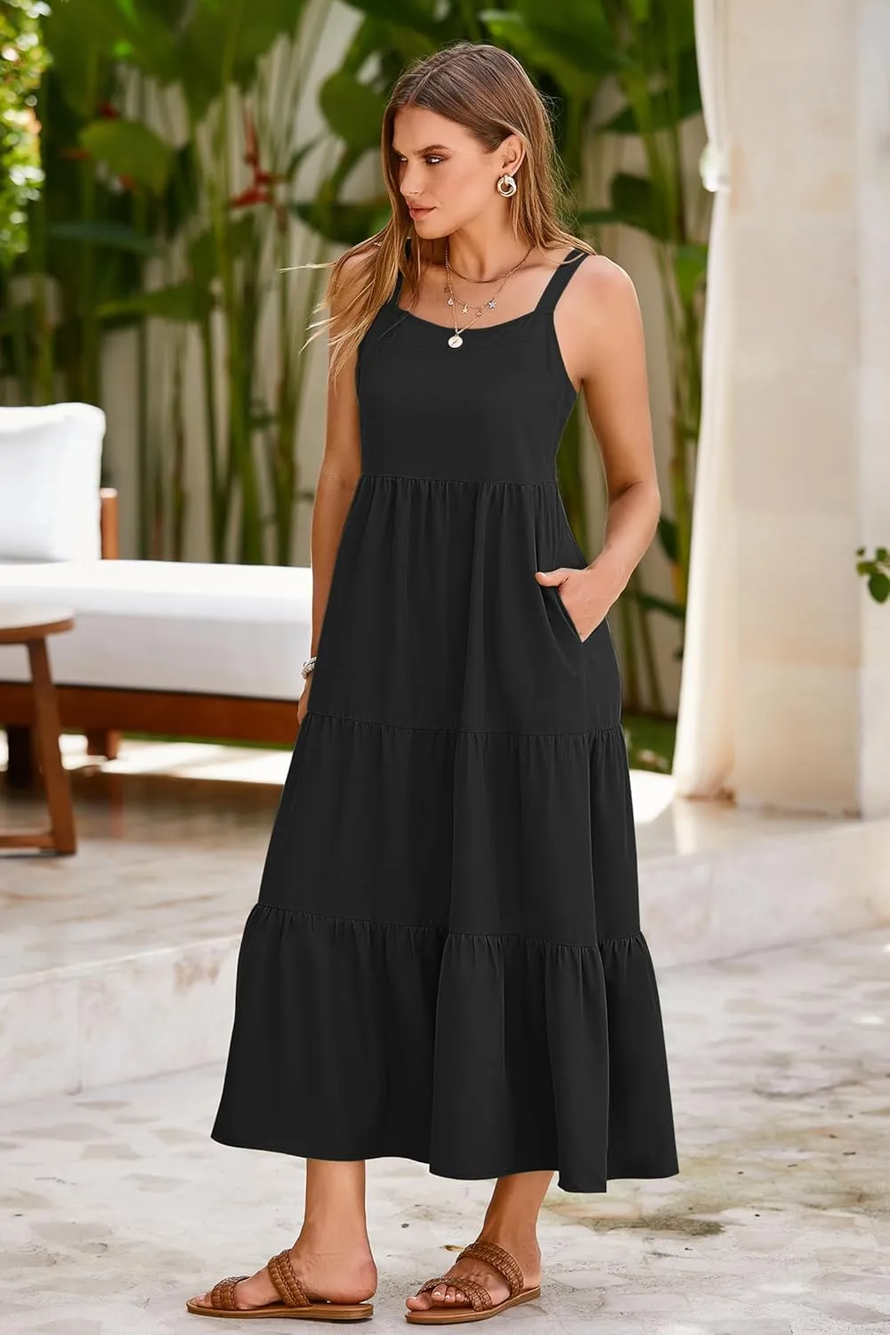 SimpleFun Womens Summer Dresses Sleeveless Adjustable Straps Tiered Maxi Dress with Pockets Casual Beach Long Sundresses