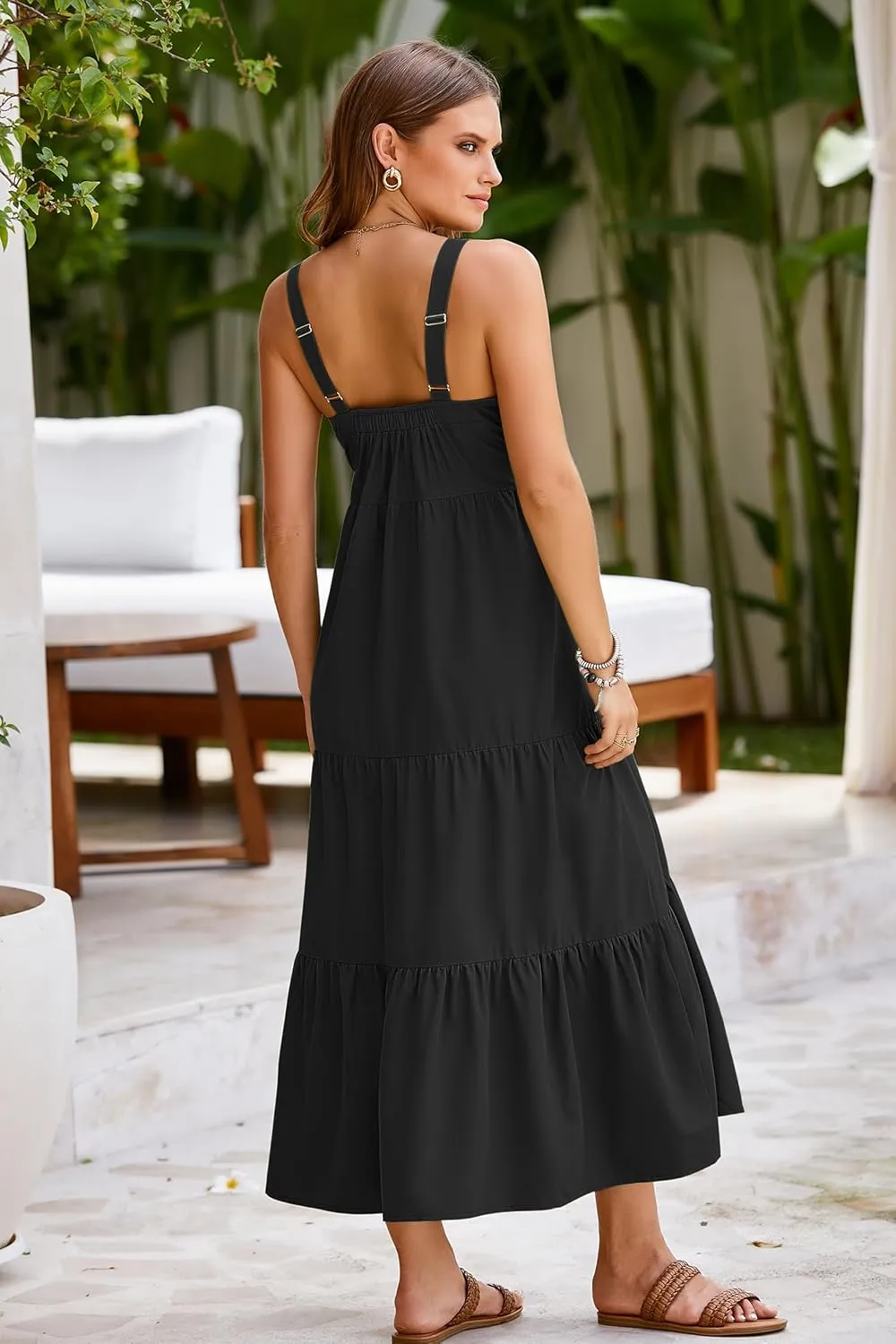 SimpleFun Womens Summer Dresses Sleeveless Adjustable Straps Tiered Maxi Dress with Pockets Casual Beach Long Sundresses