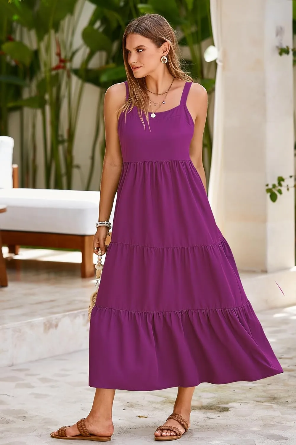 SimpleFun Womens Summer Dresses Sleeveless Adjustable Straps Tiered Maxi Dress with Pockets Casual Beach Long Sundresses