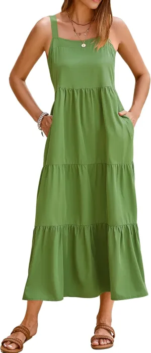 SimpleFun Womens Summer Dresses Sleeveless Adjustable Straps Tiered Maxi Dress with Pockets Casual Beach Long Sundresses