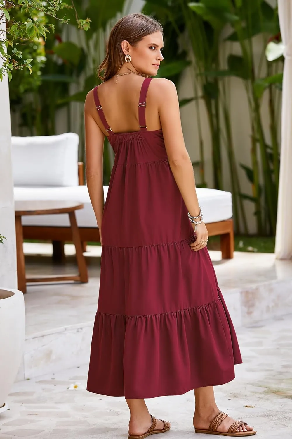 SimpleFun Womens Summer Dresses Sleeveless Adjustable Straps Tiered Maxi Dress with Pockets Casual Beach Long Sundresses