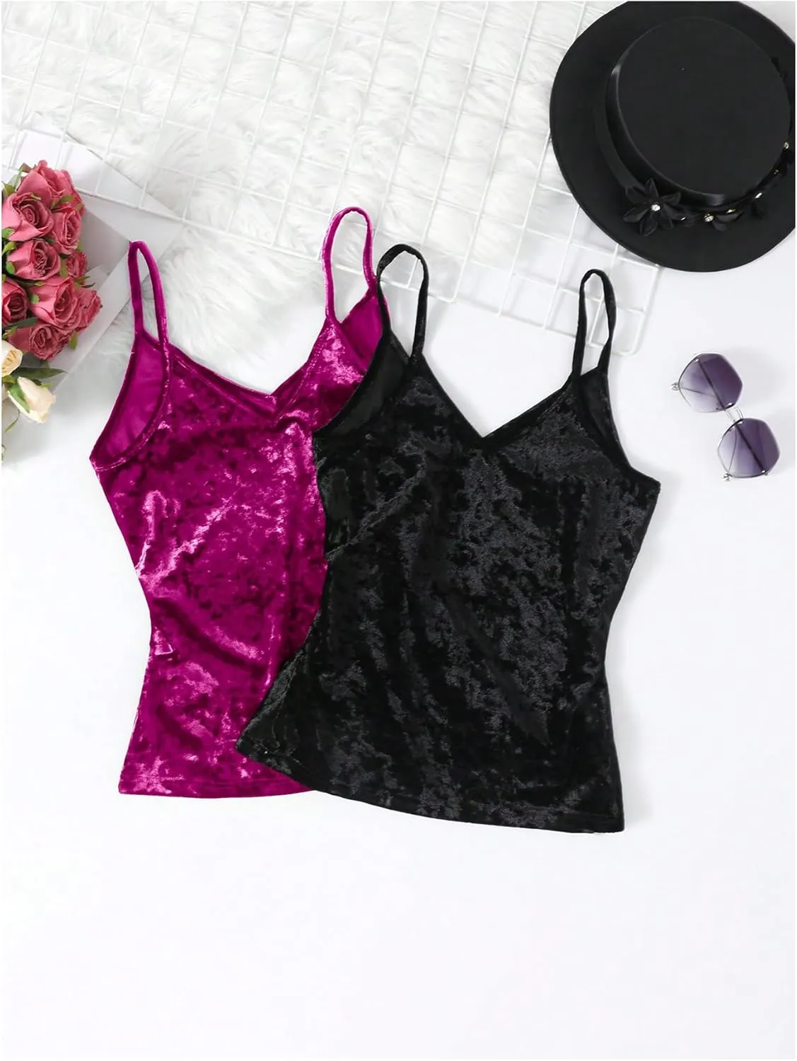 SOLY HUX Women's 2 Piece Velvet Cami Top V Neck Spaghetti Strap Solid Tops