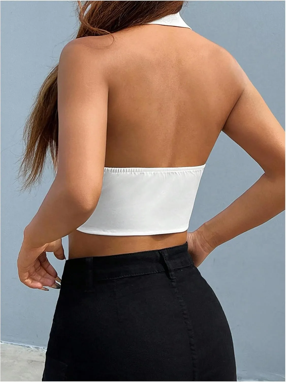 SOLY HUX Women's Halter V Neck Vest Button Down Backless Crop Tank Tops Sleeveless Blazer Waistcoat
