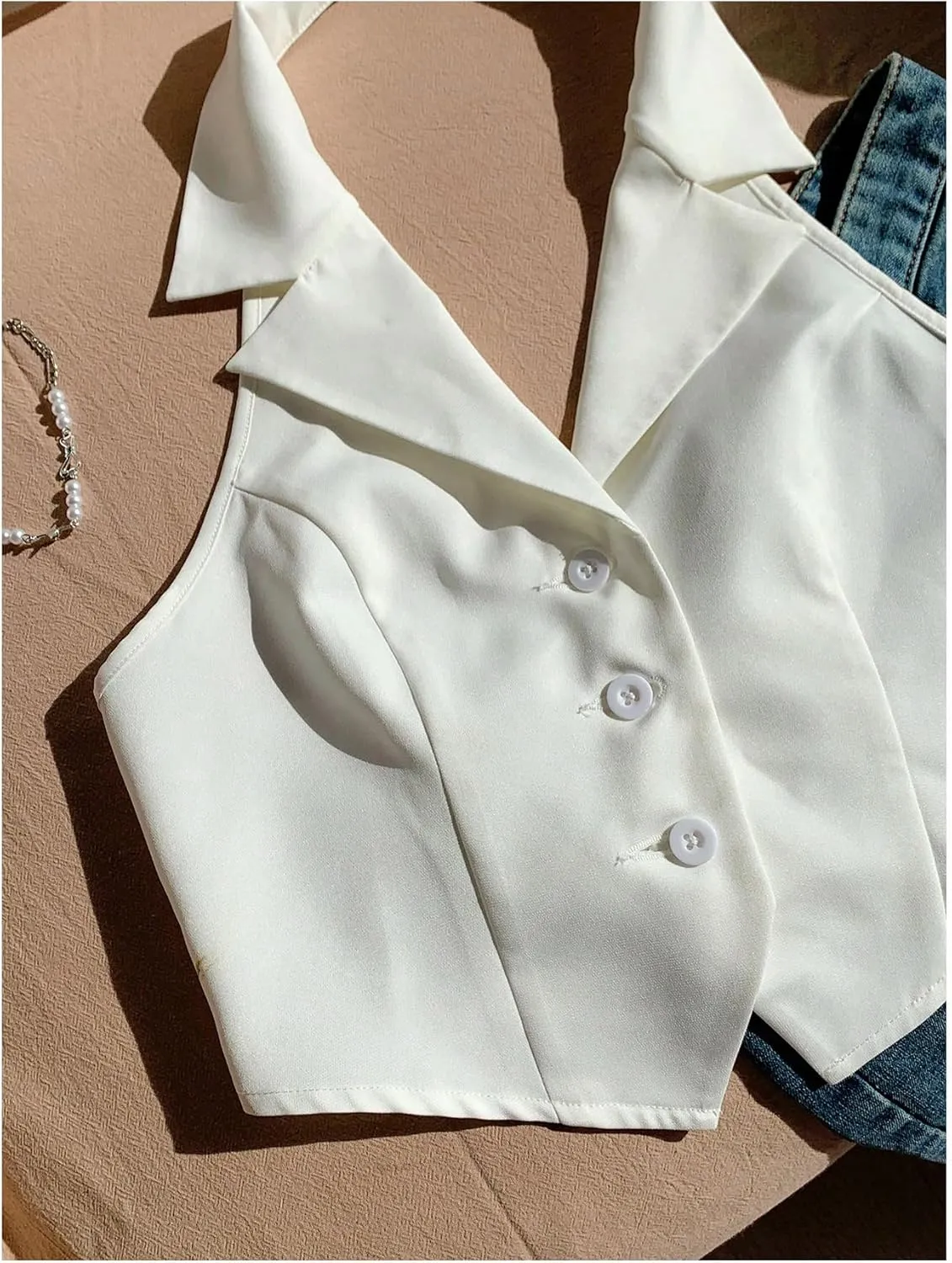 SOLY HUX Women's Halter V Neck Vest Button Down Backless Crop Tank Tops Sleeveless Blazer Waistcoat