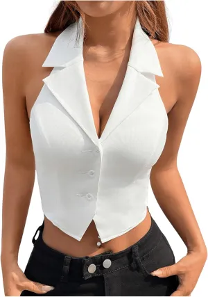SOLY HUX Women's Halter V Neck Vest Button Down Backless Crop Tank Tops Sleeveless Blazer Waistcoat
