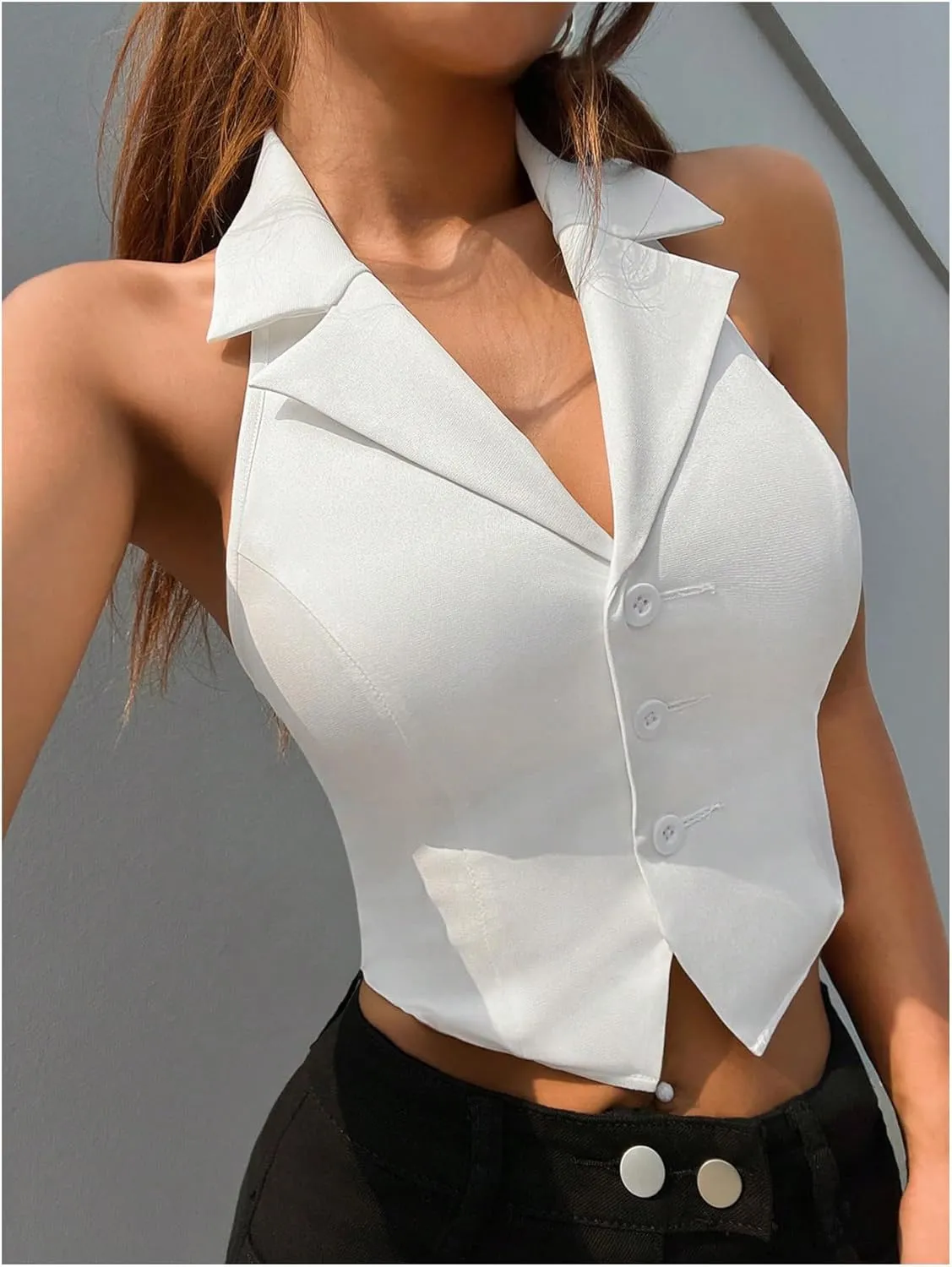 SOLY HUX Women's Halter V Neck Vest Button Down Backless Crop Tank Tops Sleeveless Blazer Waistcoat