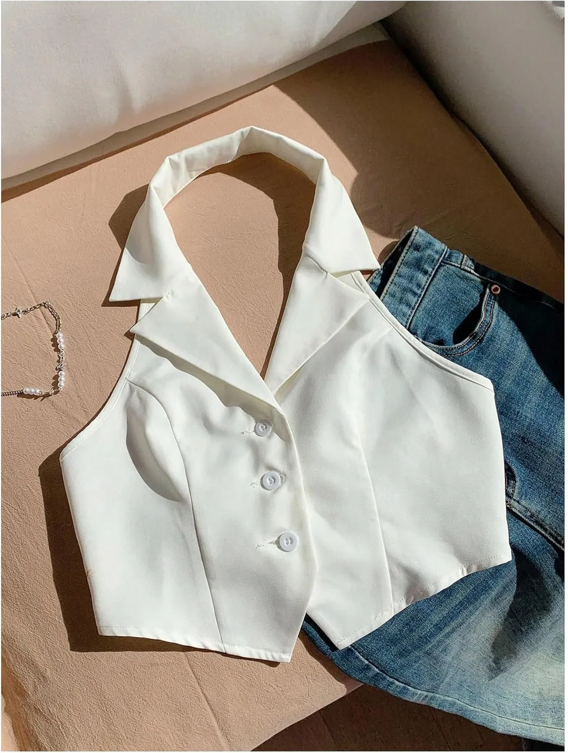 SOLY HUX Women's Halter V Neck Vest Button Down Backless Crop Tank Tops Sleeveless Blazer Waistcoat