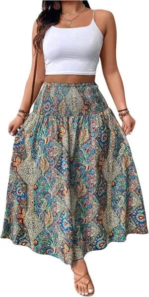 SOLY HUX Women's Plus Size Boho Paisley Print Maxi Skirt Shirred High Waisted Ruffle Beach Vacation Flowy Skirts