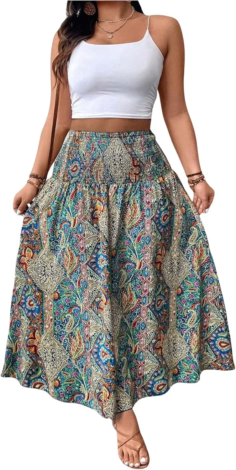 SOLY HUX Women's Plus Size Boho Paisley Print Maxi Skirt Shirred High Waisted Ruffle Beach Vacation Flowy Skirts