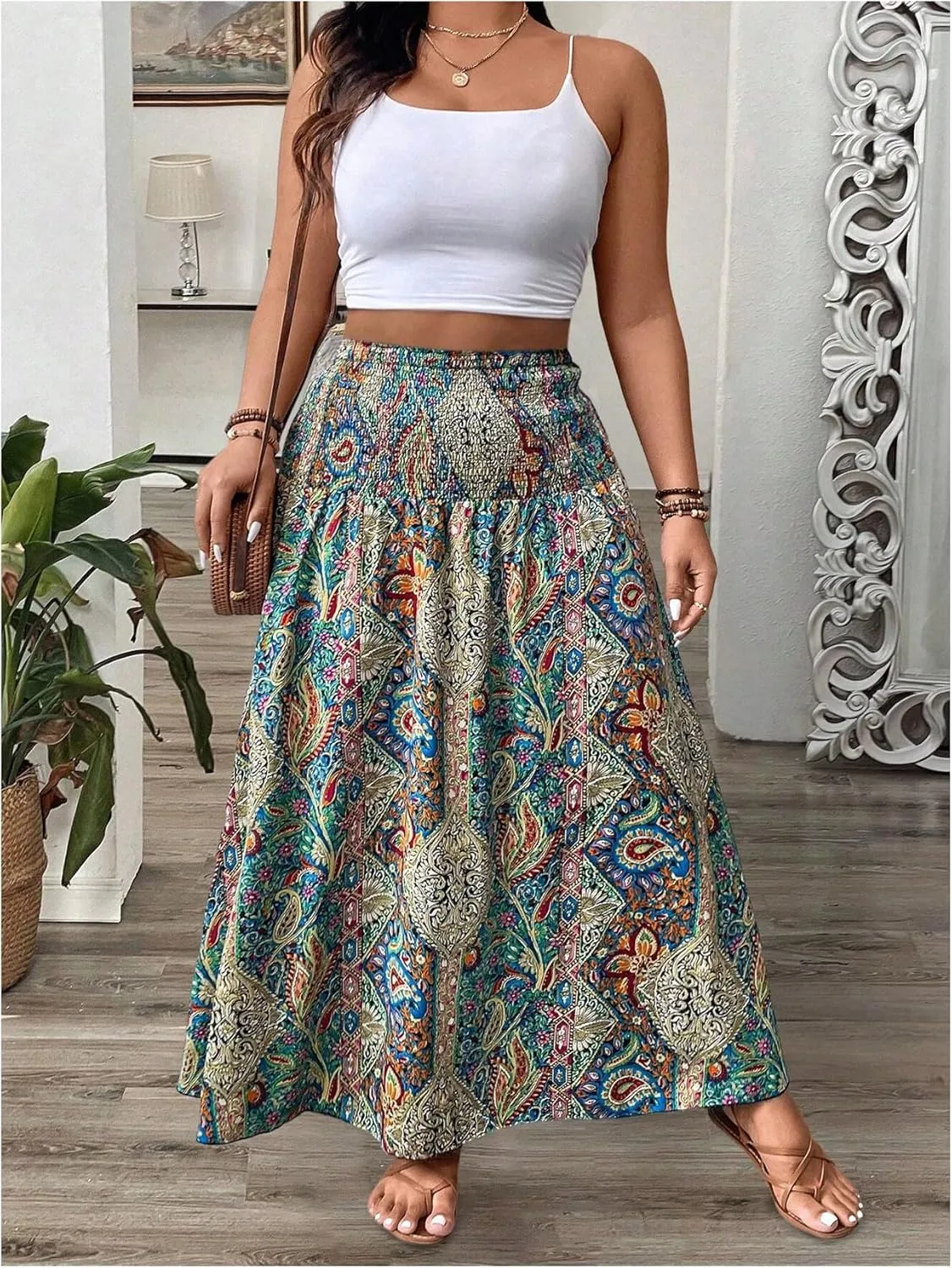 SOLY HUX Women's Plus Size Boho Paisley Print Maxi Skirt Shirred High Waisted Ruffle Beach Vacation Flowy Skirts