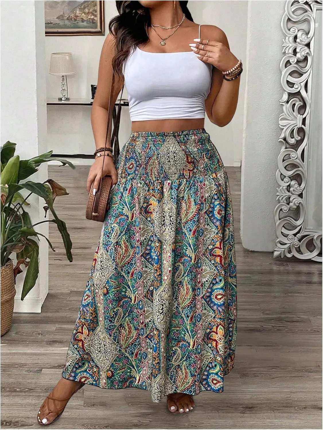 SOLY HUX Women's Plus Size Boho Paisley Print Maxi Skirt Shirred High Waisted Ruffle Beach Vacation Flowy Skirts