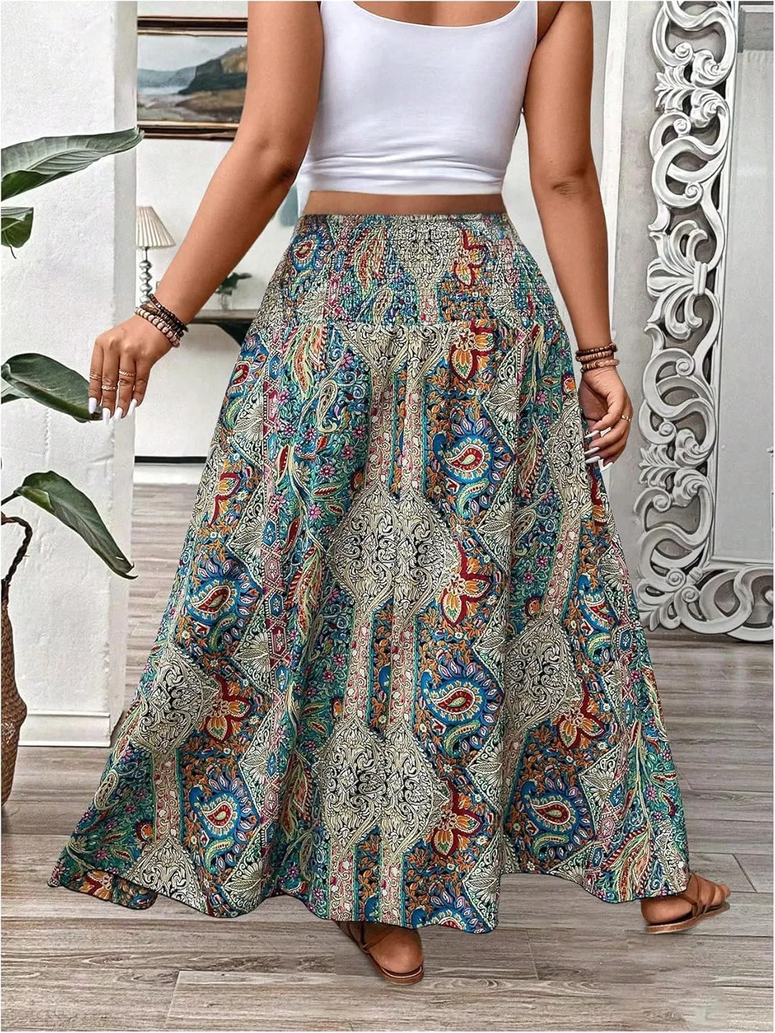 SOLY HUX Women's Plus Size Boho Paisley Print Maxi Skirt Shirred High Waisted Ruffle Beach Vacation Flowy Skirts