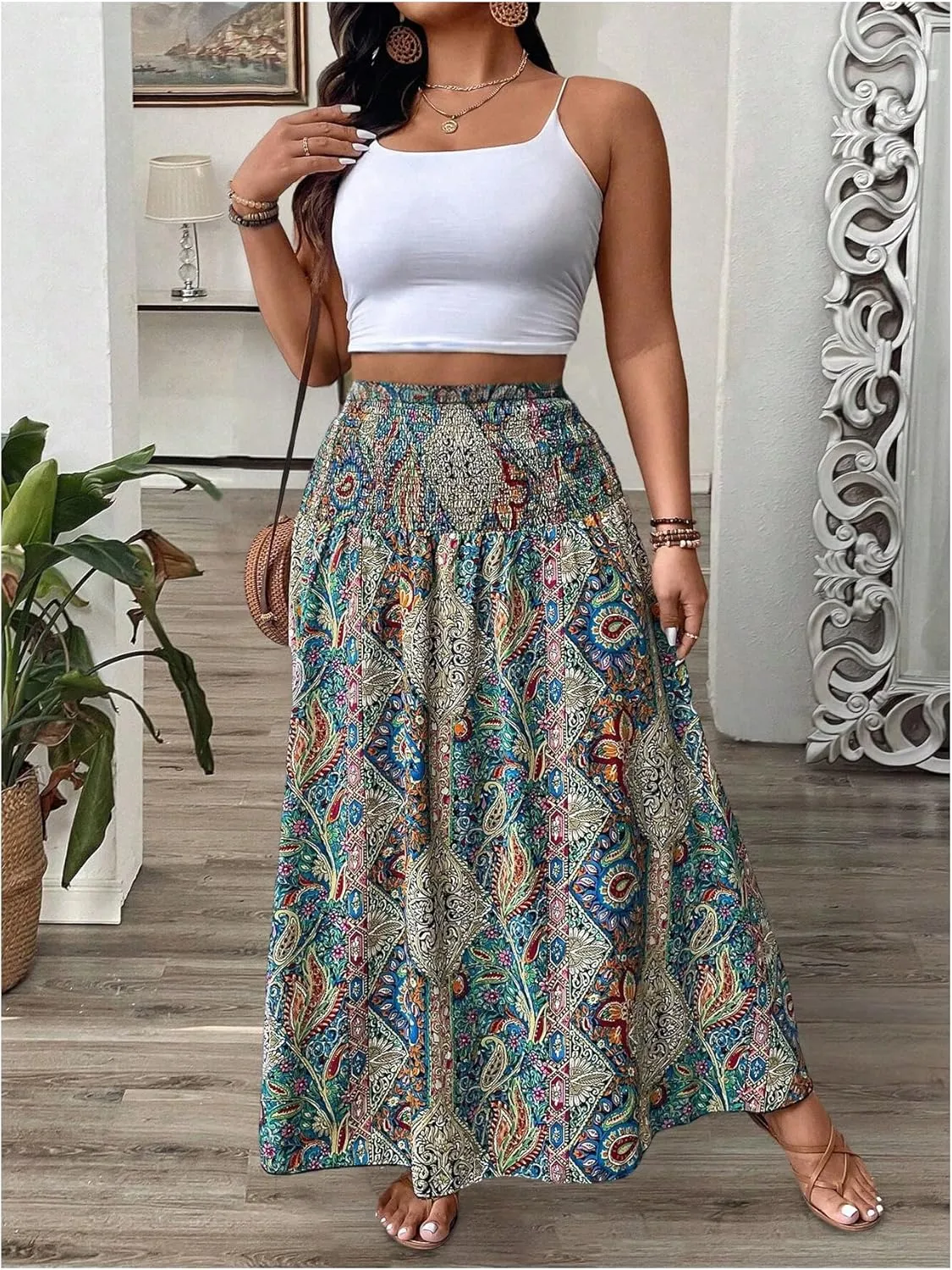 SOLY HUX Women's Plus Size Boho Paisley Print Maxi Skirt Shirred High Waisted Ruffle Beach Vacation Flowy Skirts