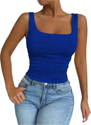 SOLY HUX Women's Summer Sleeveless Square Neck Tank Top Ruched Slim Fit Basic Vest Tops
