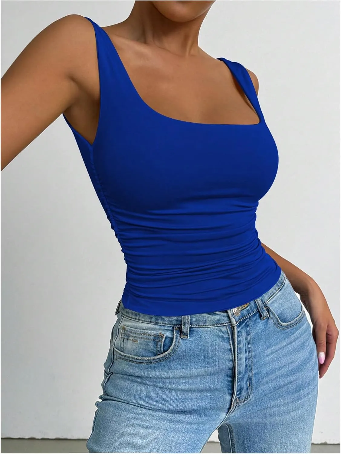 SOLY HUX Women's Summer Sleeveless Square Neck Tank Top Ruched Slim Fit Basic Vest Tops
