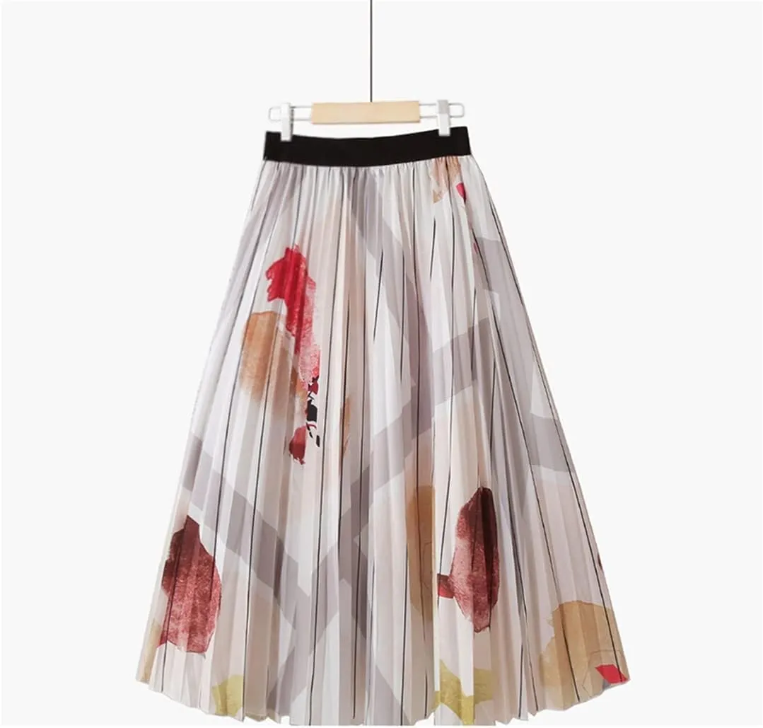 Spring Summer Women's High Waist Midi Skirt Black Striped Aesthetic A-Line Pleated Casual Wear