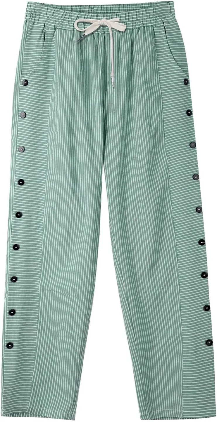 Striped Linen Pants for Women Casual Straight Leg Elastic Waist Pants Beach Side Button Summer Pants with Pockets