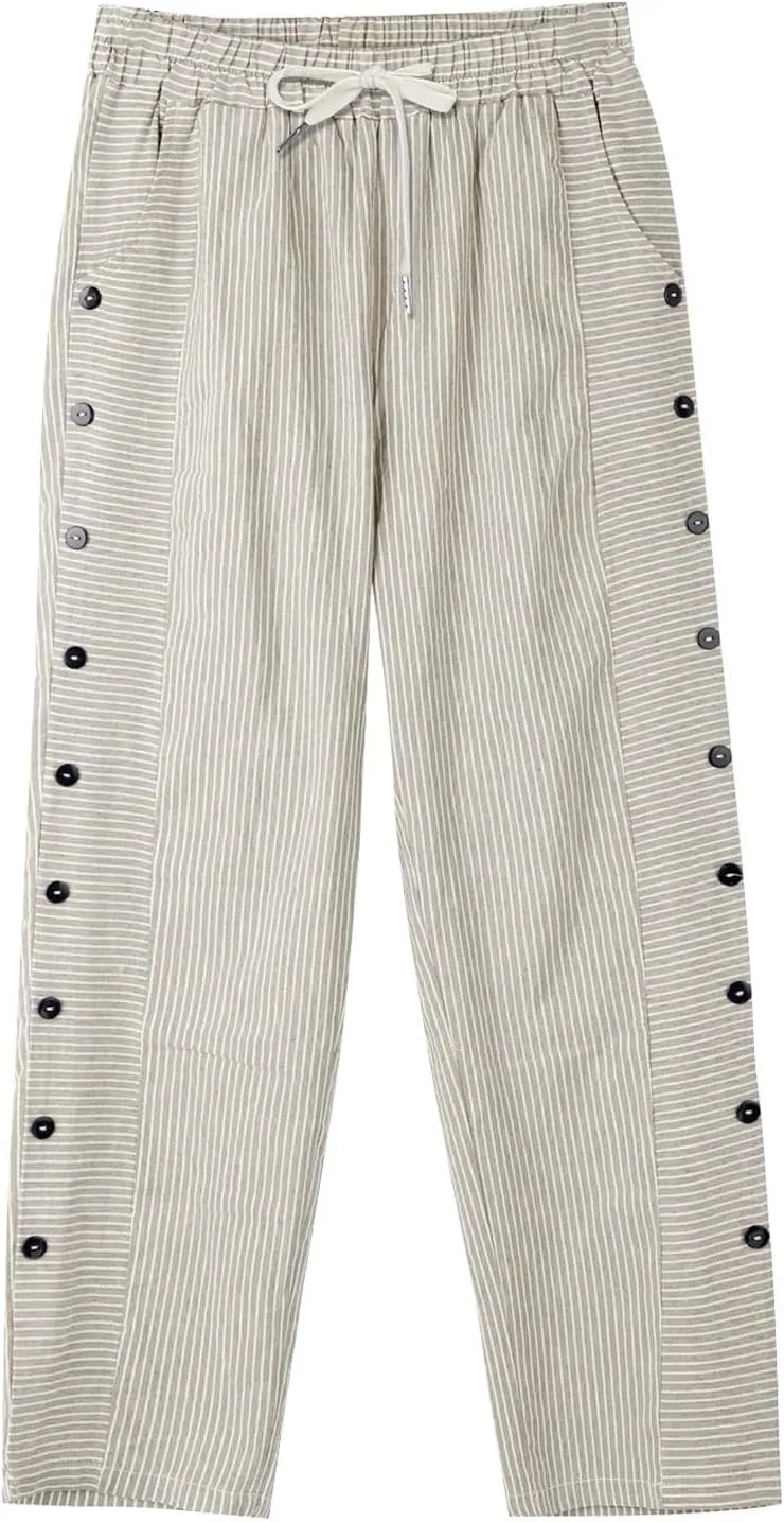 Striped Linen Pants for Women Casual Straight Leg Elastic Waist Pants Beach Side Button Summer Pants with Pockets