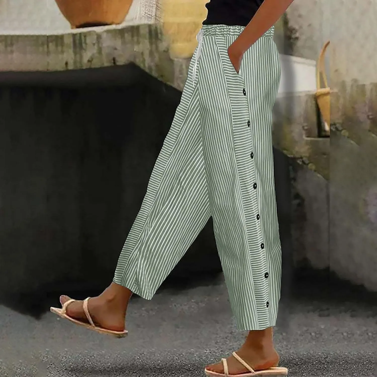 Striped Linen Pants for Women Casual Straight Leg Elastic Waist Pants Beach Side Button Summer Pants with Pockets
