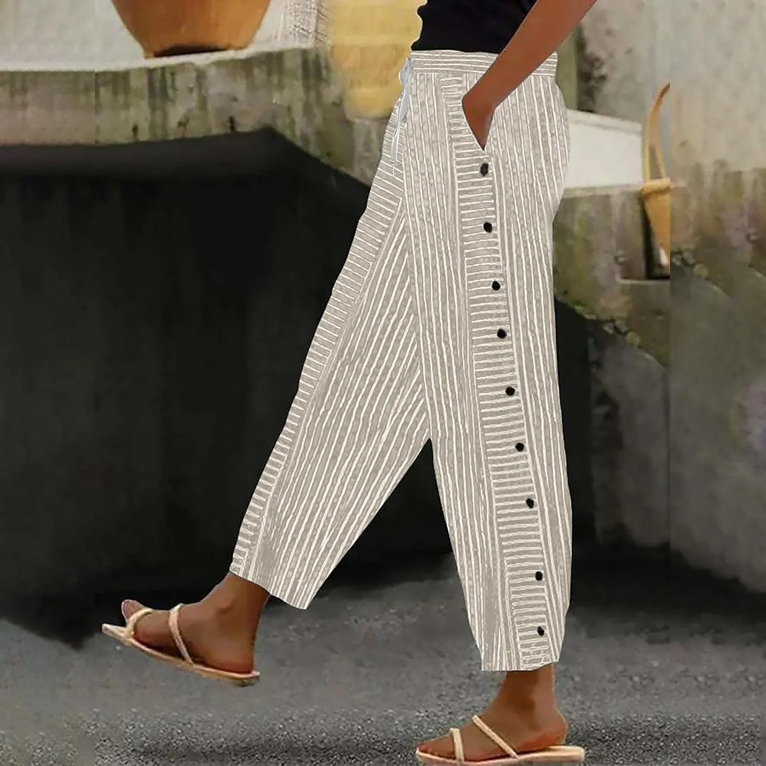 Striped Linen Pants for Women Casual Straight Leg Elastic Waist Pants Beach Side Button Summer Pants with Pockets